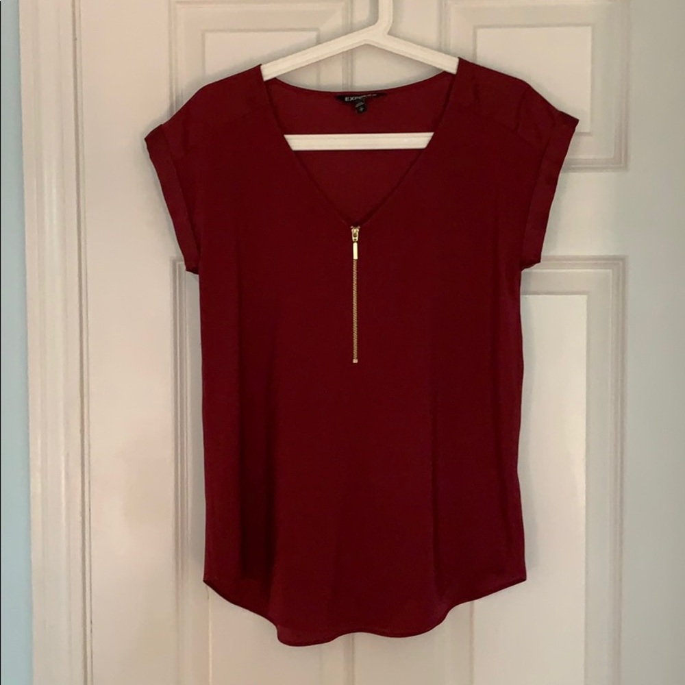 Express Silk-like capped sleeve zip top